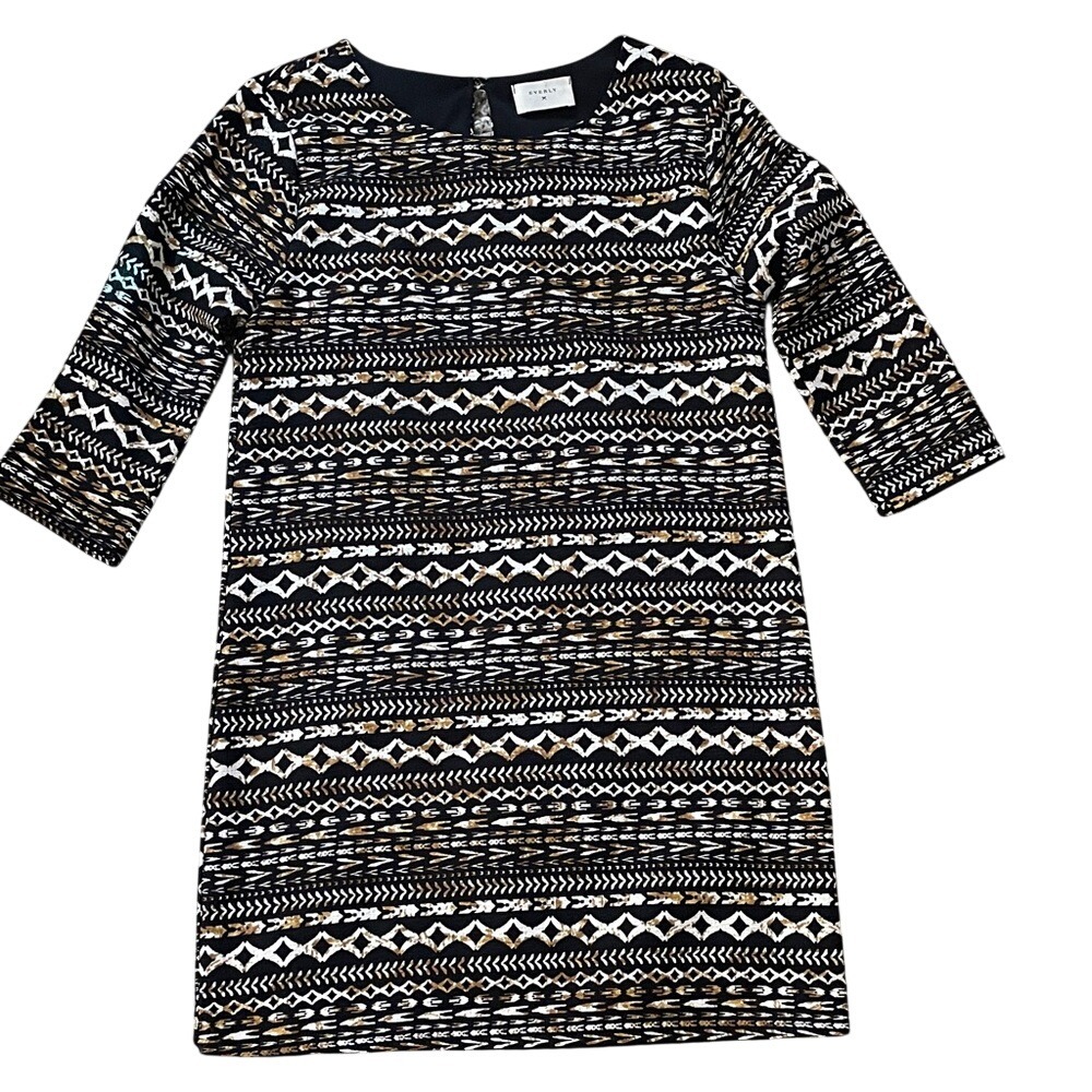 Everly‎ Womens Geometric Tribal Print Shift Dress Black Gold White DR4602 Small